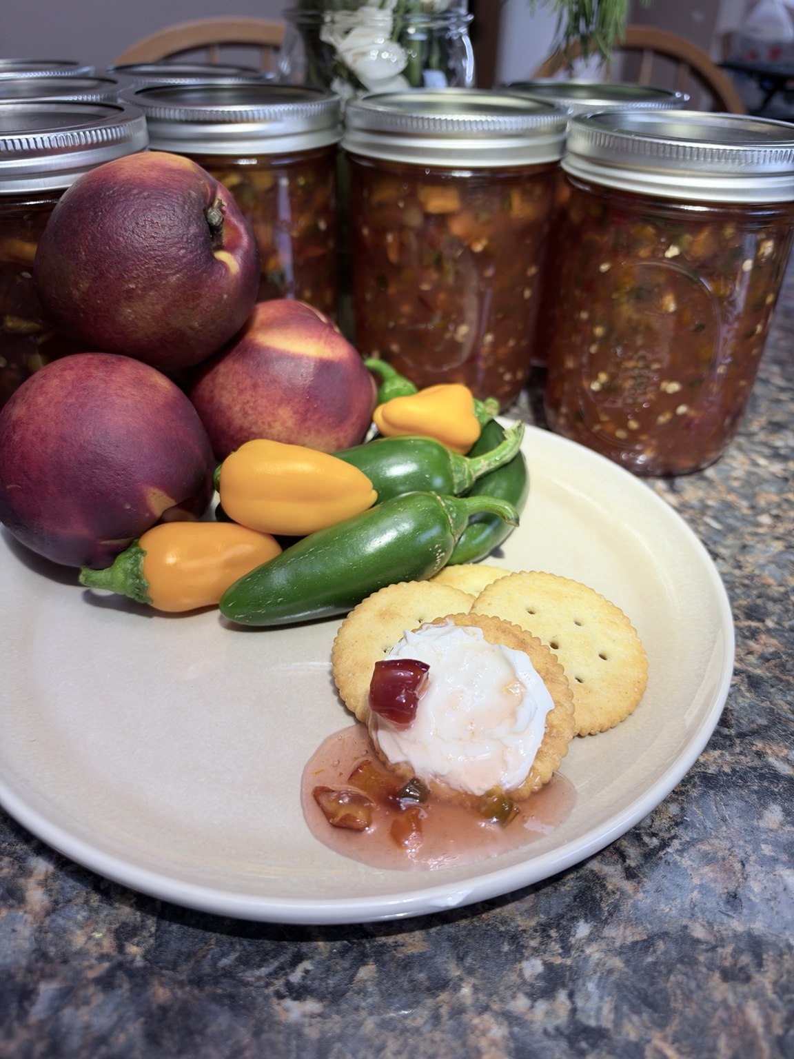 Jalapeño nectarine hot pepper jam served with cream cheese and crackers